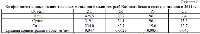 Коэффициенты накопления тяжелых металлов в мышцах рыб Капшагайского водохранилища в 2011 г.