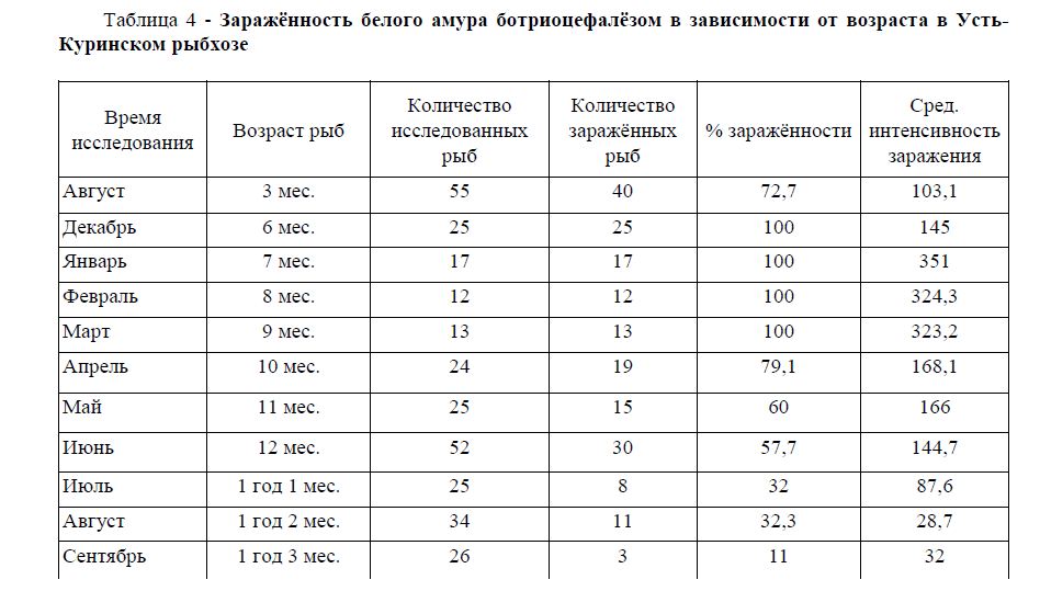 Заражённость белого амура ботриоцефалёзом в зависимости от возраста в Усть- Куринском рыбхозе 