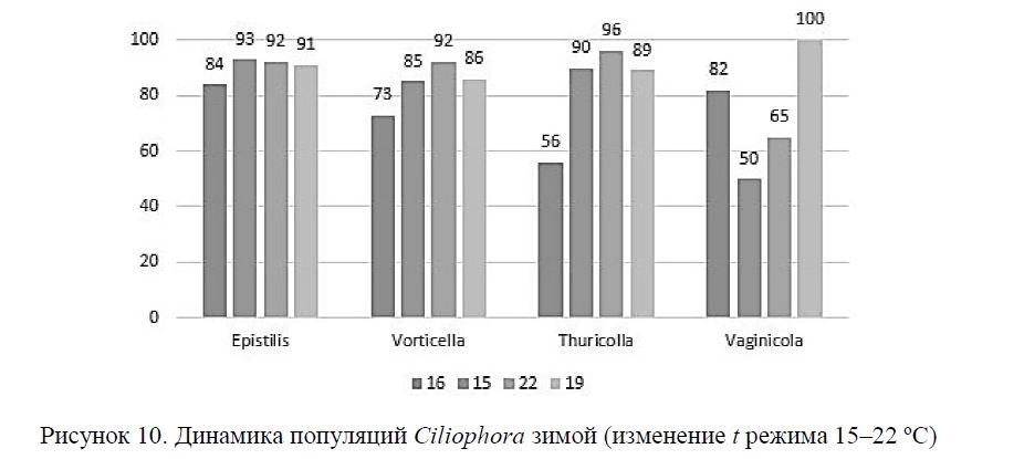 Динамика популяций Ciliophora зимой (изменение t режима 15–22 ºС) 
